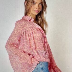 Petal + Pup Dayton Boho Button Down Semi-Sheer Blouse Bell Sleeve Women's Size L